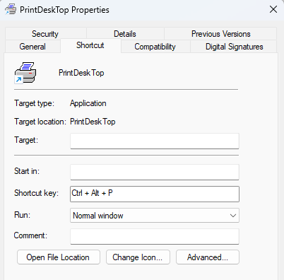 PrintDeskTop Properties, Shortcut tab, with Ctrl + Alt + P in the Shortcut key box